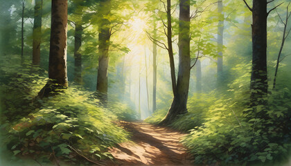 Obraz premium Watercolor painting of a forest with sunlight filtering through tall trees, creating overlapping shadows on the ground.