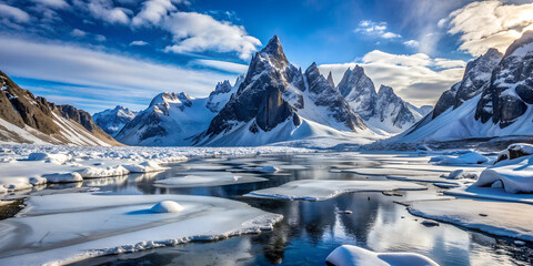 a breathtaking view of a majestic mountain range. The mountains are covered in snow and ice, and the sky is filled with clouds, creating a serene and awe-inspiring landscape