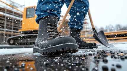 Two workers clear snow with shovels from a construction site, ensuring safe access in winter conditions