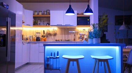 A kitchen with a blue counter and two stools