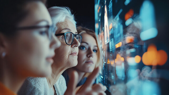 Innovative women of different generations engaged in technology, analyzing data on digital screen. Their expressions reflect curiosity and collaboration in modern workspace