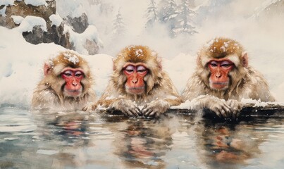 Watercolor Relaxing Snow Monkeys bathe in Hot Springs, Jigokudani, Nagano, Japan