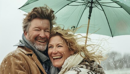 Couple in late 40s man and a blonde woman in her 30s, wearing garden clothes, their hair blown by fierce wind. Heavy rain pours around them, both smile warmly into the camera, light green umbrella