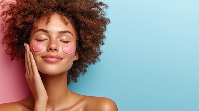 This image captures a charming woman indulging in her skincare routine, featuring heart-shaped patches on her face, highlighting a serene moment dedicated to self-love and care.