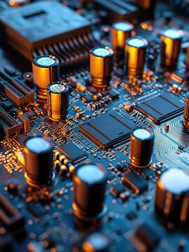  Circuit board illuminated by golden light, featuring capacitors and microchips in a modern electronic system.