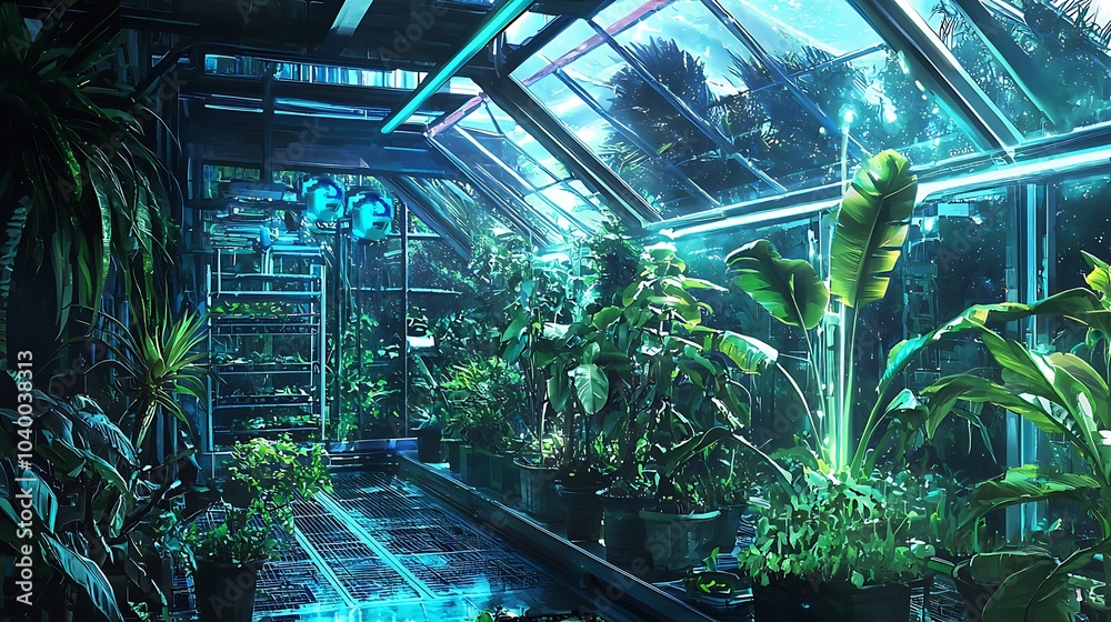 Poster exploring a futuristic greenhouse the harmony of robotic plants and nature coexisting in an innovati