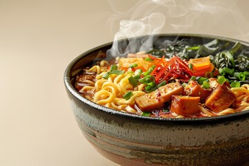 A close-up of a bowl of steaming boat noodles with plenty of space for text is displayed against a blank beige backdrop of a studio, Generative AI.