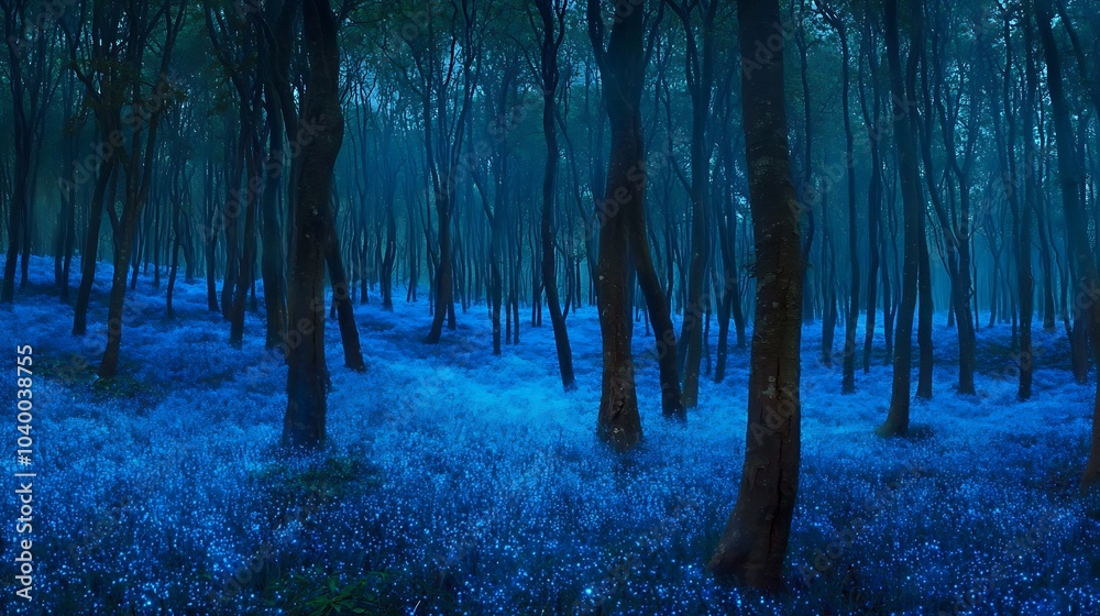 Poster exploring a mystical forest where ancient trees illuminate the night with bright blue glow and encha