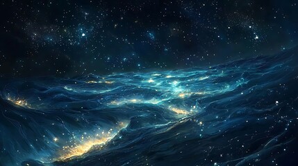 Fototapeta premium A mesmerizing night sea where glowing stars swirl beneath the surf in an enchanting cosmic dance