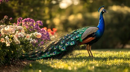 Naklejka premium A majestic peacock walking gracefully through a colorful garden surrounded by vibrant blooms and lush greenery