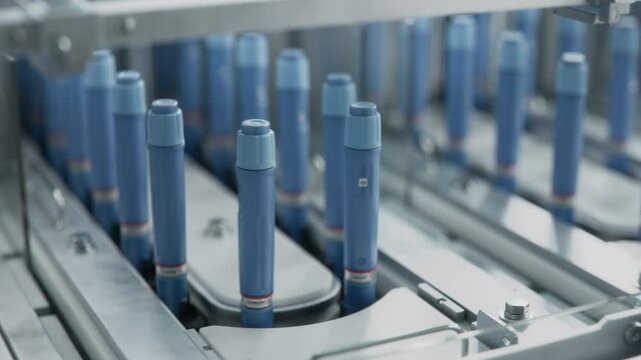 Medical Injection Pens on Conveyor Line during Production Process at Modern Pharmaceutical Factory. Medicinal Drug Production Plant. Insulin or Weight Loss Medication Manufacturing.