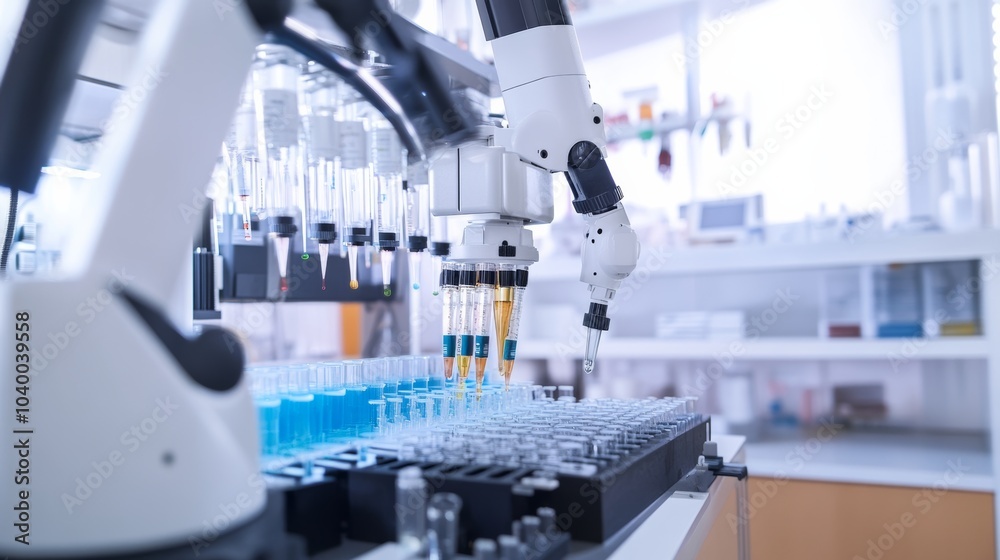 Poster A robot conducting automated experiments in a modern biochemistry lab with clean, organized research stations and advanced experimental setups, Biochemistry tech style