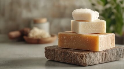 A stack of three soap bars is artistically arranged on a rough stone surface, bathed in gentle natural light, embodying freshness and artistic minimalism.