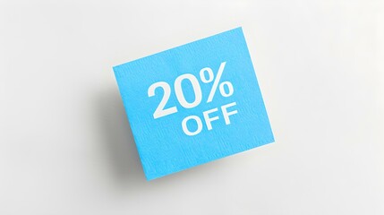 White '20% OFF' Text on a Blue Square Paper Note. White Background with Copy Space
