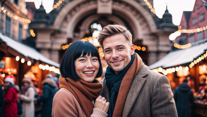 Obraz premium Bellissima coppia di fidanzati in visita ai mercatini di Natale