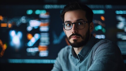 A focused individual in glasses examines digital data on multiple screens, reflecting a tech-savvy environment.