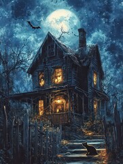  Spooky, moonlit haunted house surrounded by eerie trees and bats, creating a mysterious Halloween atmosphere.