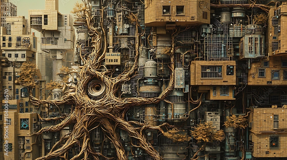 Poster a stunning urban landscape where nature and architecture coalesce into a harmonious ecosystem of liv