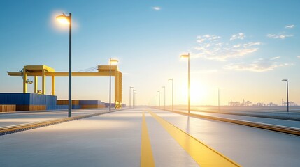 Fototapeta premium Sunset at the Port with Cargo Cranes and Yellow Lines