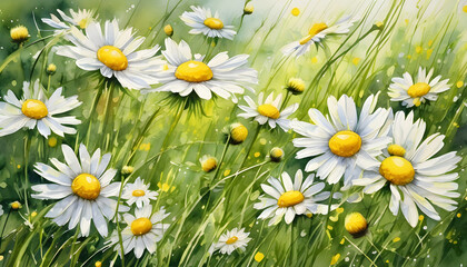 Fototapeta premium Watercolor painting of chamomile flowers in a green field with tiny bees flying around the flowers.