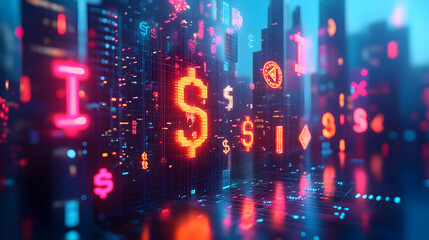 3D Holographic Currency Symbols Floating Above Glowing Cityscape with Copy Space for Economic Growth, Financial Advertising, and Glossy Holographic Background in Isolated Icon Concept