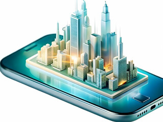 Glossy Smartphone Holographic City Projection Concept - Innovative Mobile Access to Global Connectivity with Hologram on Plain Surface, Ideal for Advertising and Photo Stock opportunities
