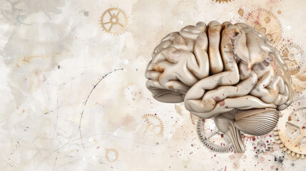 A stylized brain is set against a textured background with mechanical gears, symbolizing the fusion of intellect and technology.