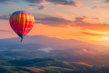 Fototapeta premium Serene Sunset Flight: A Colorful Hot Air Balloon Over Rolling Hills