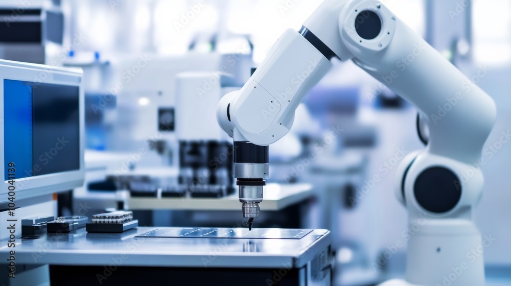 Fototapete A robot conducting automated inspections in a high-tech semiconductor testing lab with clean, organized testing stations and advanced inspection tools, Semiconductor testing tech style