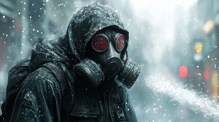 A close up of a person wearing a gas mask water spraying surround.