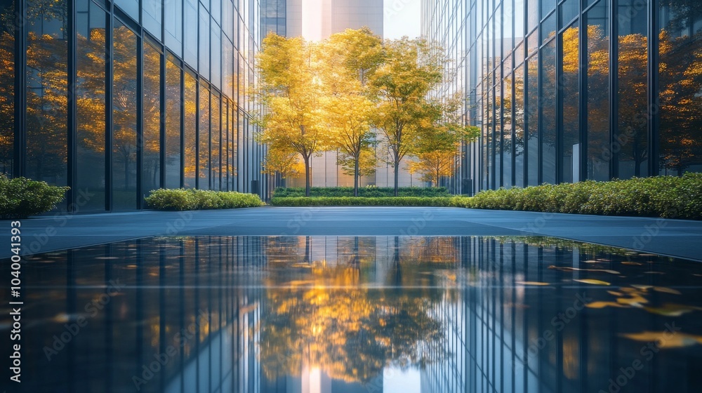 Aufkleber a reflection of a tree in a large glass building