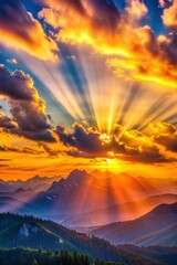 Golden sunset over mountain range with dramatic clouds and vivid sky