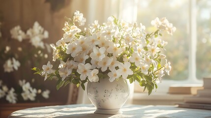 A luxurious indoor scene with jasmine and gardenia flowers in an elegant vase, soft sunlight streaming through the window, the air filled with their delicate floral scent and a hint of musk,