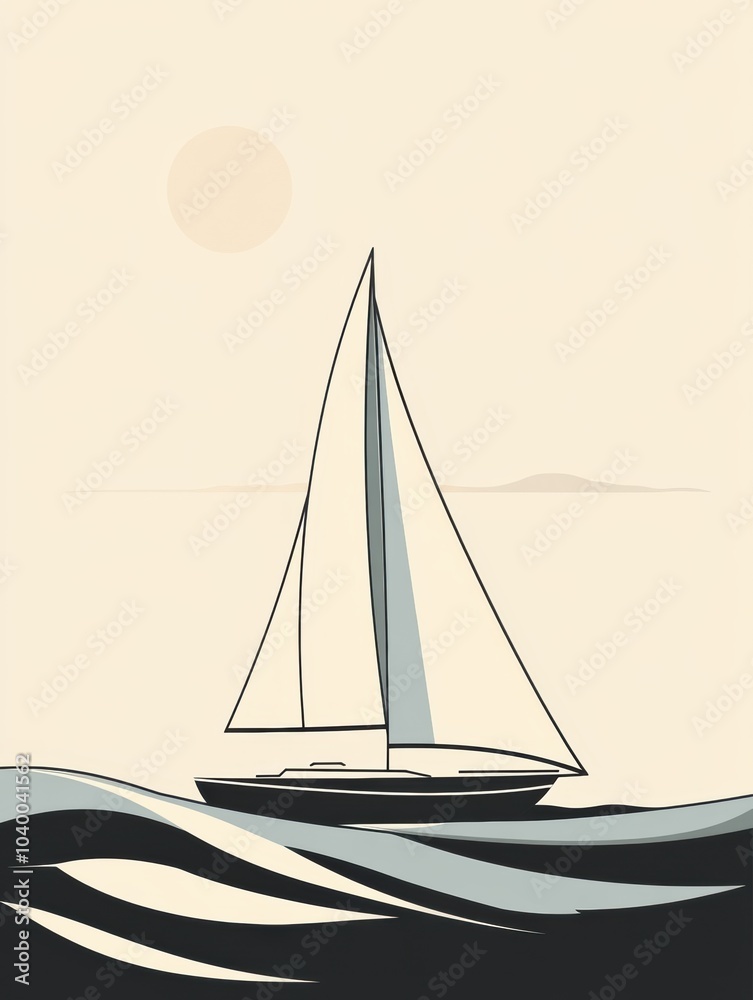 Poster a sleek sailboat sails smoothly across calm waves, capturing the tranquility of a peaceful ocean sun