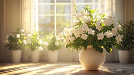 Fototapeta premium A luxurious indoor scene with jasmine and gardenia flowers in an elegant vase, soft sunlight streaming through the window, the air filled with their delicate floral scent and a hint of musk,