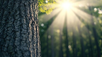 Obraz premium Tree trunk with sunlight filtering through leaves and a serene forest backdrop.