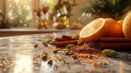 A luxurious kitchen scene with cardamom, saffron, and cinnamon scattered across a marble countertop, soft natural light creating a warm, inviting glow,