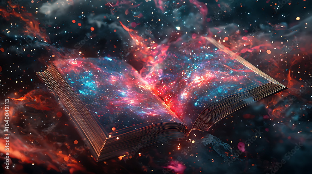 Poster Exploring the infinite an open book unveiling cosmic wonders in vibrant colors and celestial designs