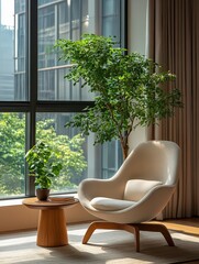 Fototapeta premium Minimalist indoor setting with a modern chair, wooden table, and lush green plants near floor-to-ceiling windows, creating a serene, natural space.