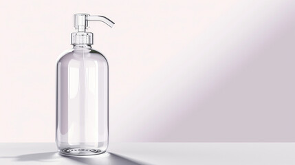 A sleek, transparent bottle with a pump dispenser, placed against a light backdrop, showcasing simplicity and elegance in design.