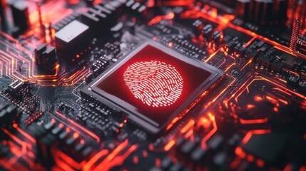 Obraz premium Digital fingerprint on a red and black circuit board, biometric security concept