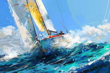 Capture the exhilarating fusion of Maritime adventures and Extreme sports in a vibrant Impressionistic setting Show a dynamic scene of sailing or surfing with soft brushstrokes and bold colors