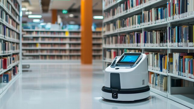A robot conducting automated library sorting in a modern library with clean, organized sorting stations and advanced book sorting systems, Library sorting tech style