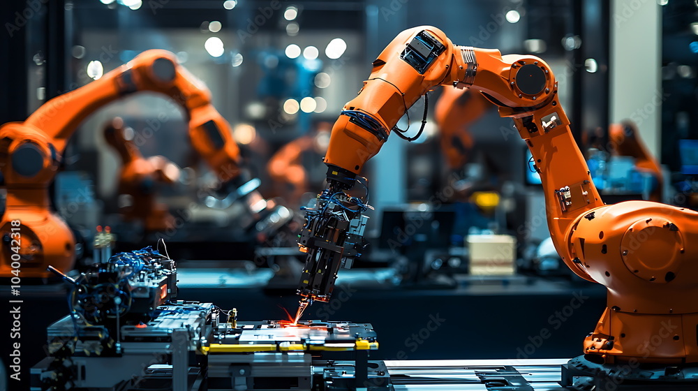 Aufkleber Advanced robot arm precision assembling components in a cutting-edge industrial environment with enhanced automation technology