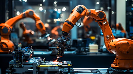 Advanced robot arm precision assembling components in a cutting-edge industrial environment with enhanced automation technology