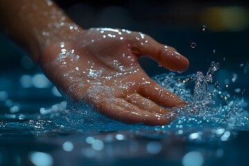 Fototapeta premium A hand interacts with water, creating splashes in a serene blue environment.