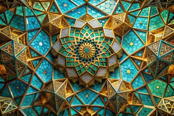 Intricate Geometric Shapes in Teal and Gold Pattern Against Mosaic Sky