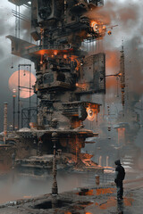 Craft a digitally rendered artwork blending abstract forms and dystopian elements from a frontal perspective, incorporating unexpected camera angles for a unique composition
