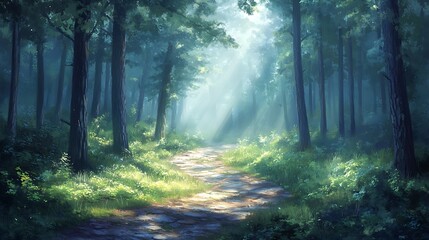 Fototapeta premium A path winding through a dense forest of pine, cedarwood, and eucalyptus, soft beams of light breaking through the canopy, a peaceful and calm atmosphere, gentle mist in the distance,