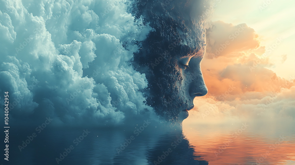 Aufkleber surreal face emerging from clouds reflecting over tranquil waters a dreamlike exploration of nature 